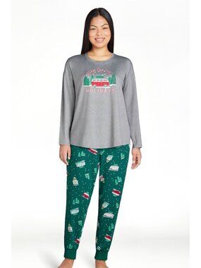 Joyspun Women’s Long Sleeve Pajama Set XMAS Holiday GREEN/HEATHER MEDIUM NWT